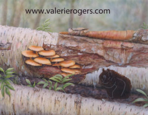 Partial completed Mushroom and Squirrel Painting by Valerie Rogers