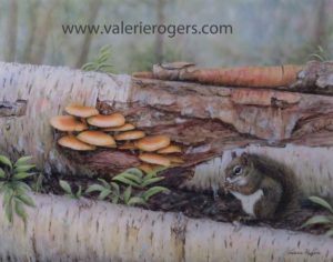 Valerie Rogers painting of squirrel and mushrooms