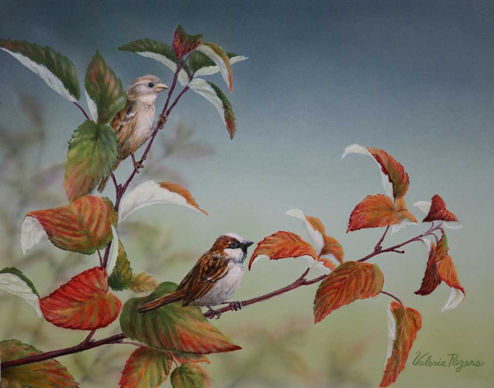 sparrows in red leaves by Valerie Rogers