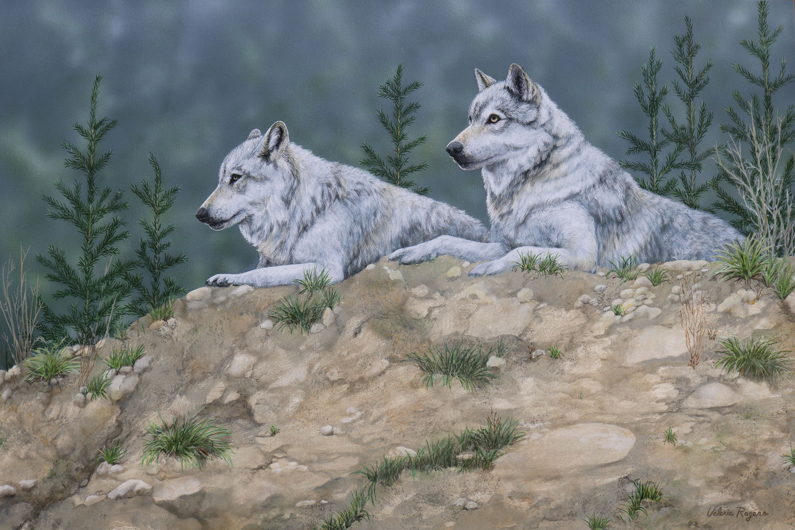 Painting by Valerie Rogers of wolves